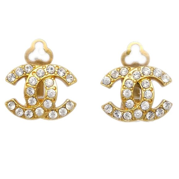 Chanel Gold CC Earrings Rhinestone Clip-On 02A - Picture 1 of 4